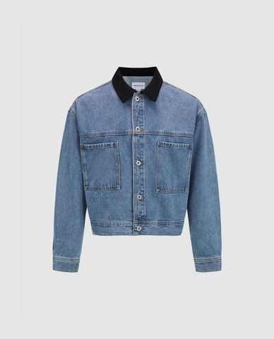  URBAN REVIVO - Áo khoác denim nam cổ bẻ tay dài phối nút 