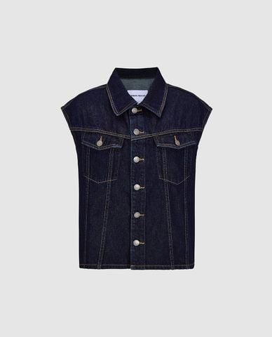  URBAN REVIVO - Áo sát nách nữ denim cổ bẻ phối túi 