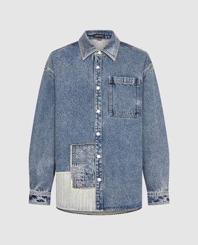 URBAN REVIVO - Áo sơ mi denim nam cổ bẻ tay dài patchwork 
