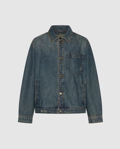  URBAN REVIVO - Áo khoác denim nam cổ bẻ tay dài phối túi 