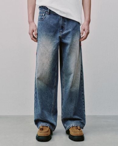  URBAN REVIVO - Quần jeans nam ống rộng wash bạc 