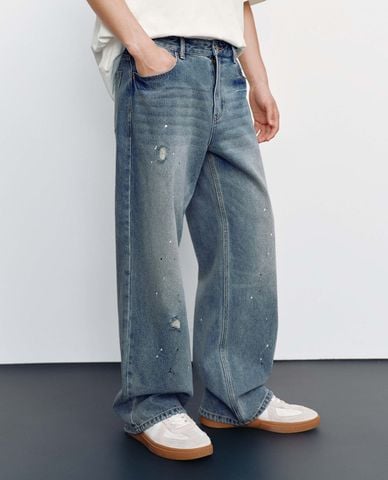  URBAN REVIVO - Quần jeans nam ống rộng wash bạc 