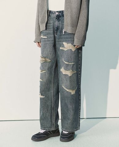  URBAN REVIVO - Quần jeans nam ống đứng wash rách 