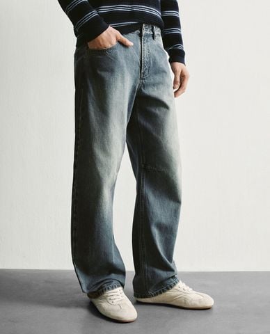  URBAN REVIVO - Quần jeans nam ống rộng wash bạc 