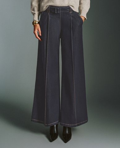  URBAN REVIVO - Quần jeans nữ ống rộng phối thắt lưng 