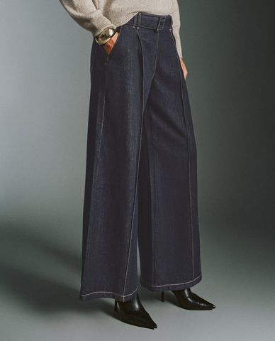  URBAN REVIVO - Quần jeans nữ ống rộng phối thắt lưng 