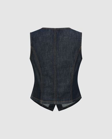  URBAN REVIVO - Áo sát nách nữ denim cổ tròn phối nút 