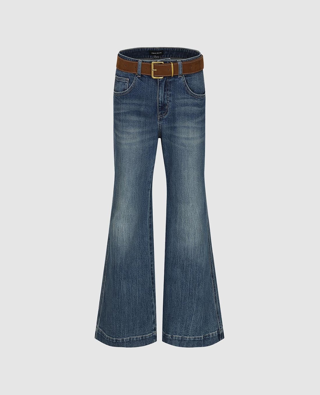 URBAN REVIVO - Quần jeans nữ ống loe wash bạc kèm thắt lưng