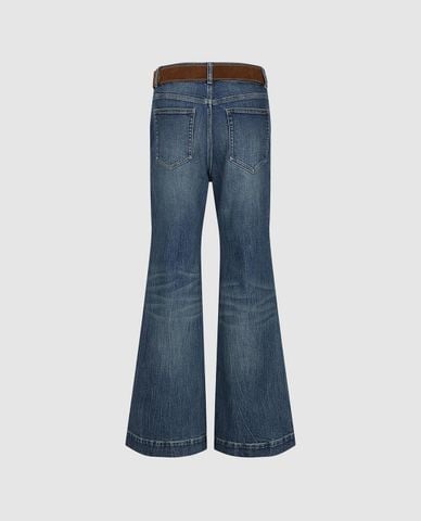  URBAN REVIVO - Quần jeans nữ ống loe wash bạc kèm thắt lưng 