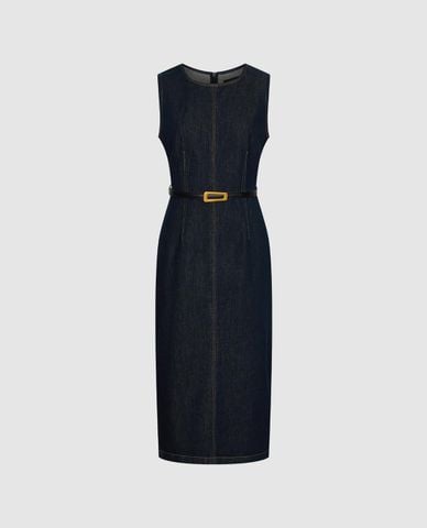  URBAN REVIVO - Đầm denim midi sát nách phối thắt lưng 