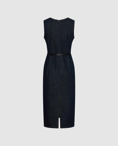  URBAN REVIVO - Đầm denim midi sát nách phối thắt lưng 