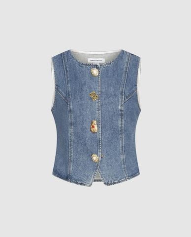  URBAN REVIVO - Áo sát nách nữ denim phối nút 