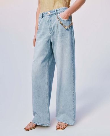  URBAN REVIVO - Quần jeans nữ ống rộng phối dây charm 