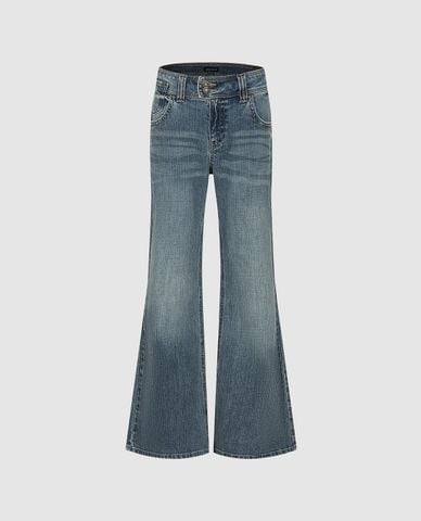  URBAN REVIVO - Quần jeans nữ ống loe wash bạc 