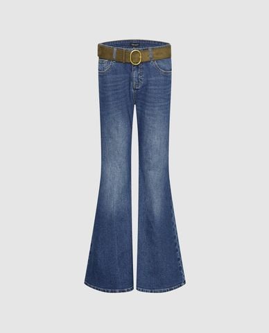  URBAN REVIVO - Quần jeans nữ ống loe kèm thắt lưng 