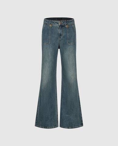  URBAN REVIVO - Quần jeans nữ ống loe wash bạc 