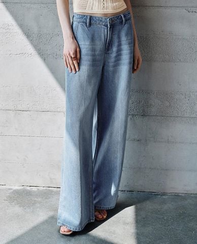  URBAN REVIVO - Quần jeans nữ ống rộng wash bạc 