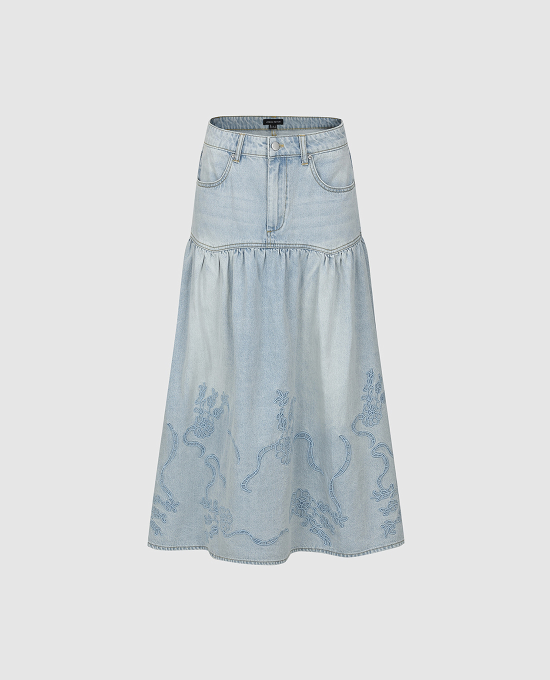 URBAN REVIVO - Chân váy denim midi thêu họa tiết