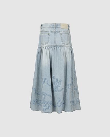  URBAN REVIVO - Chân váy denim midi thêu họa tiết 