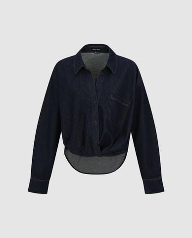  URBAN REVIVO - Áo sơ mi denim nữ cổ bẻ tay dài 