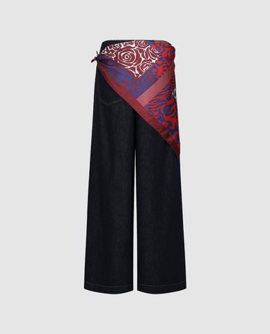  URBAN REVIVO - Quần jeans nữ ống rộng phối khăn 