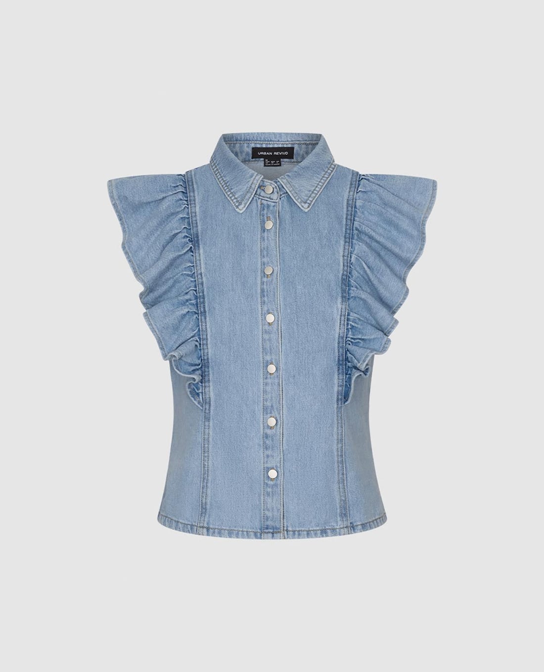 URBAN REVIVO - Áo sơ mi denim nữ tay ngắn phối bèo nhún