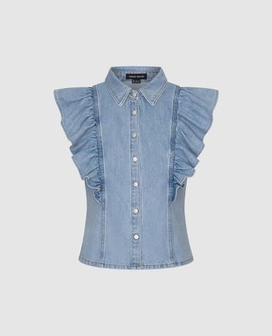  URBAN REVIVO - Áo sơ mi denim nữ tay ngắn phối bèo nhún 