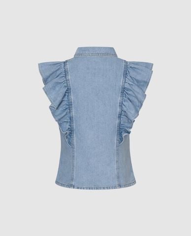  URBAN REVIVO - Áo sơ mi denim nữ tay ngắn phối bèo nhún 
