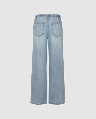  URBAN REVIVO - Quần jeans nữ ống rộng lưng thun phối dây rút 