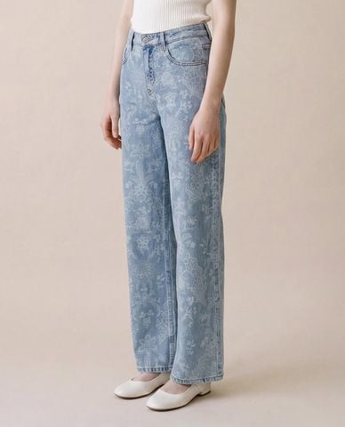  URBAN REVIVO - Quần jeans nữ ống rộng họa tiết hoa 