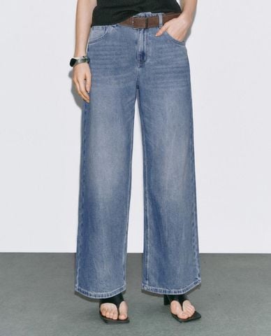  URBAN REVIVO - Quần jeans nữ ống rộng cổ điển 