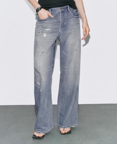  URBAN REVIVO - Quần jeans nữ ống rộng wash bạc 