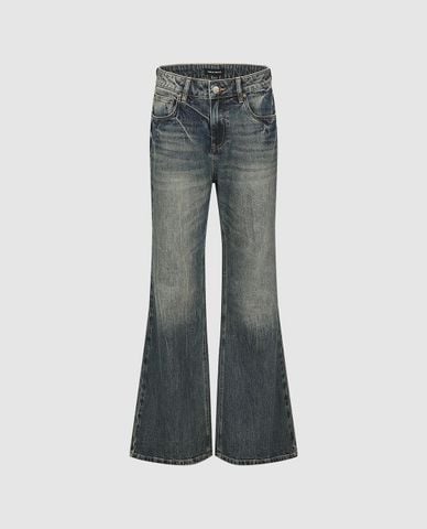  URBAN REVIVO - Quần jeans nữ ống loe wash bạc 