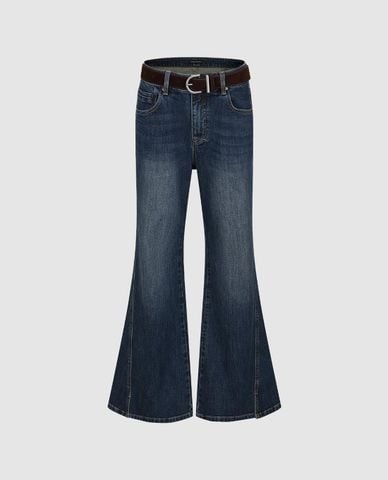  URBAN REVIVO - Quần jeans nữ ống loe wash bạc phối thắt lưng 