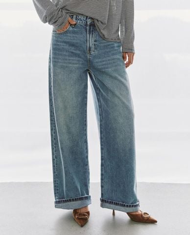  URBAN REVIVO - Quần jeans nữ ống rộng gập gấu 