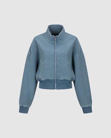  URBAN REVIVO - Áo khoác bomber denim nữ cổ cao tay dài 