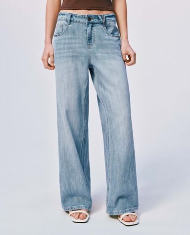  URBAN REVIVO - Quần jeans nữ ống rộng wash bạc cổ điển 