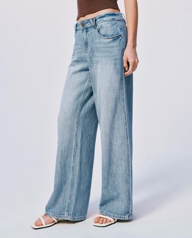  URBAN REVIVO - Quần jeans nữ ống rộng wash bạc cổ điển 