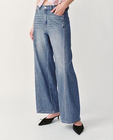  URBAN REVIVO - Quần jeans nữ ống rộng wash bạc 