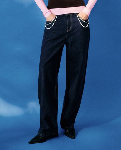  URBAN REVIVO - Quần jeans nữ ống rộng phối ngọc trai 