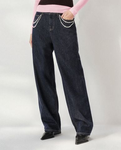  URBAN REVIVO - Quần jeans nữ ống rộng phối ngọc trai 