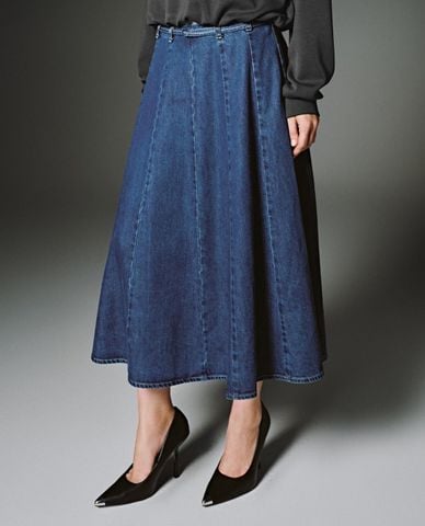  URBAN REVIVO - Chân váy denim midi phối thắt lưng 