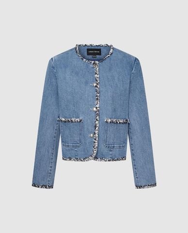  URBAN REVIVO - Áo khoác denim nữ tay dài viền tua rua 