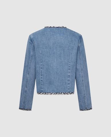  URBAN REVIVO - Áo khoác denim nữ tay dài viền tua rua 