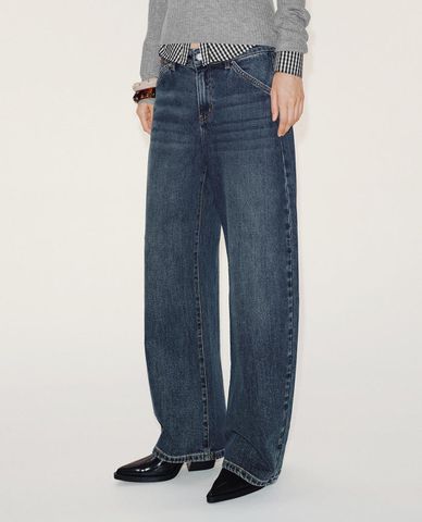  URBAN REVIVO - Quần jeans nữ ống rộng wash bạc 