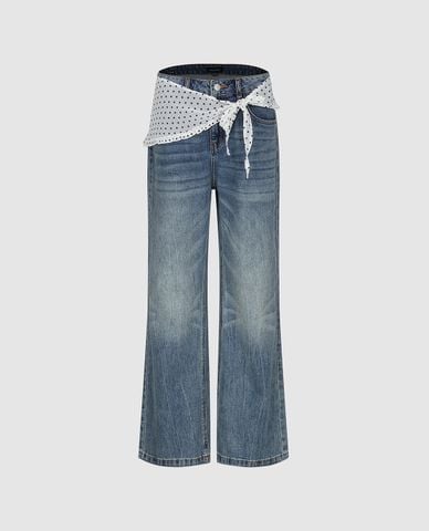  URBAN REVIVO - Quần jeans nữ ống rộng wash bạc kèm khăn 
