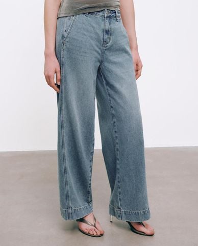  URBAN REVIVO - Quần jeans nữ ống rộng wash bạc 