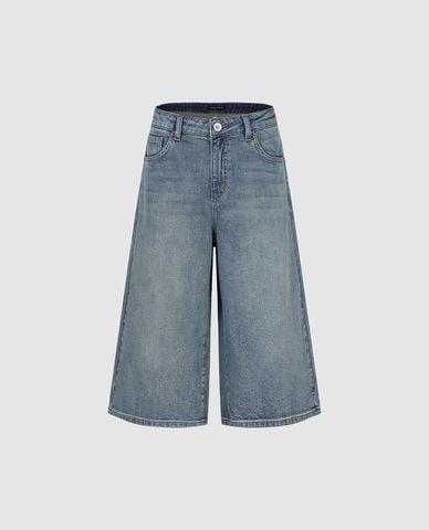  URBAN REVIVO - Quần jeans nữ ống rộng wash bạc dáng lửng 