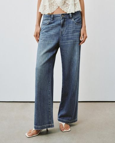  URBAN REVIVO - Quần jeans nữ ống rộng wash bạc 