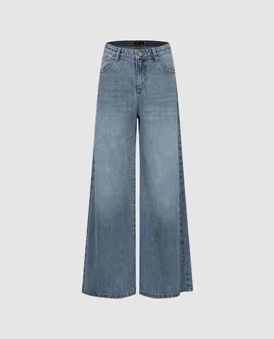  URBAN REVIVO - Quần jeans nữ ống rộng wash bạc 